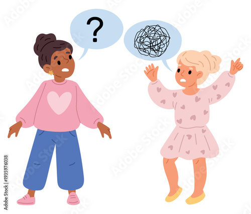 Little girl has difficulty pronouncing words. Children communication. Slurred speech. People misunderstanding. Kids stutter. Speaking disorder. Difficult enunciation. Vector concept