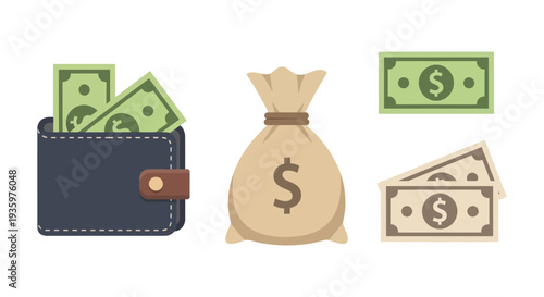 An illustration depicts money a wallet and a bag showcasing wealth and finance in a flat style silhouette high quality professional