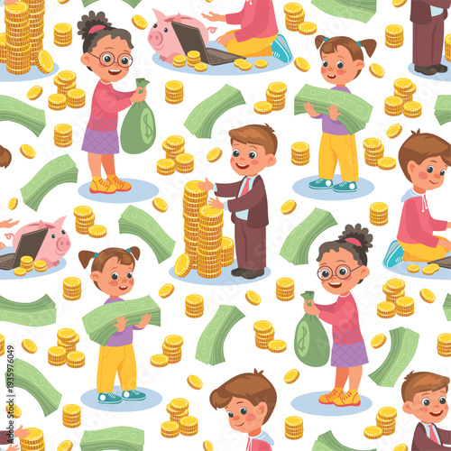 Little girls and boys play with gold coins and paper money. Young billionaires seamless pattern. Piggy banks and banknotes heaps. Rich children. Kids with currency bags. Vector background