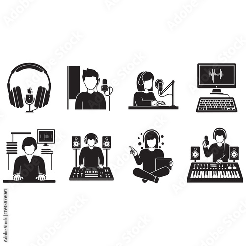 Professionals creating audio content with modern equipment