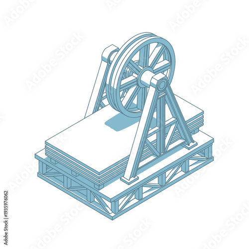 Isometric illustration of a vintage printing press machine.