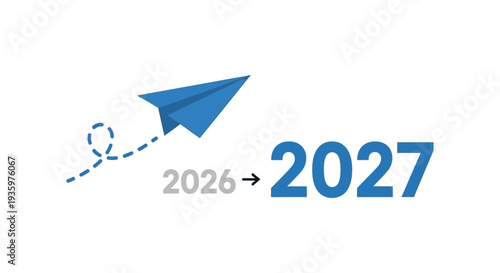 A paper airplane flies towards the year 2027 representing progress and future aspirations silhouette high quality professional detailed modern elegant stylish