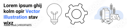 Innovation, productivity, agriculture, food production, technology, creative concepts. Outline illustrations of a light bulb, gear and food items. Innovation and productivity-themed concept