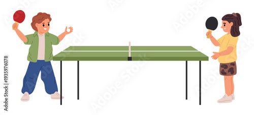 Little girl and boy playing table tennis with rackets. Children at ping pong desk. Players hit ball with racquets. Sportsman match. Sport tournament. Happy school kids. Vector concept