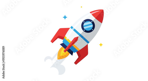 A colorful rocket ship ascends through a starry sky leaving a trail of bright yellow flames a striking silhouette