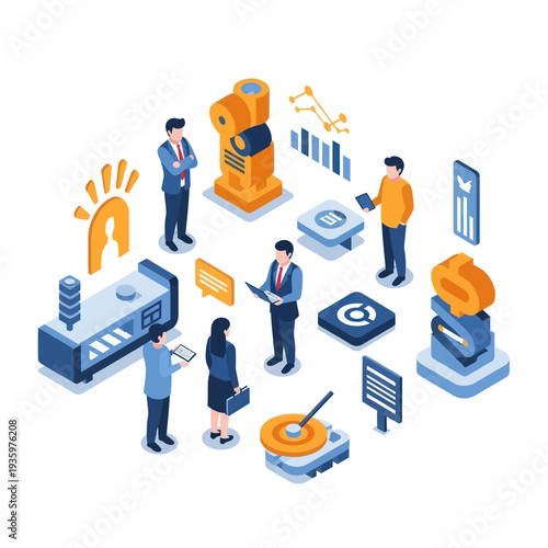 Isometric illustration of people interacting with various technology and data elements.