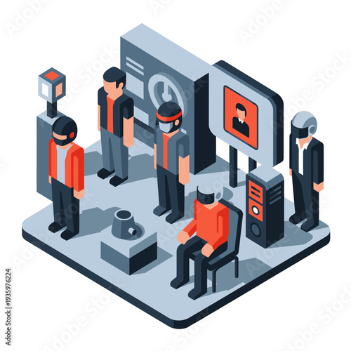 Isometric illustration of people interacting with virtual reality and technology.