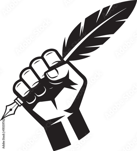Powerful Fist Clutching a Traditional Feather Writing Quill Symbolizing Voice and Expression