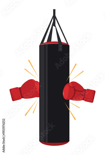 Large hanging punching bag that is struck with red boxing gloves. Combat competitive sport. Kickboxers workout exercise. Fist beating sportive equipment. Kickboxing attack. Vector concept