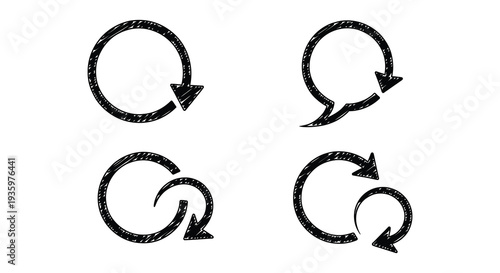 Four hand drawn circular arrows depicting continuous loops and recycling presented as a black silhouette high quality professional detailed modern elegant stylish