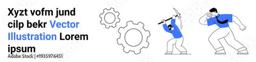 Business collaboration, industry solutions, teamwork culture, innovation, workflow, mechanical processes. Two figures interacting with gears. Teamwork culture and industry solutions