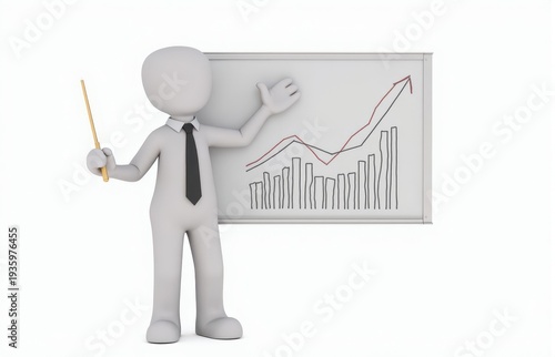 3D stick figure in a tie pointing to a growing business graph on a board.