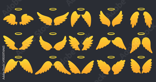 Golden angel wings with halos. Flight to heaven. Divine good forces. Angelic innocence aureole. Celestial saint. Gold nimbus. Paradise elements. Vector set of different feathers shapes