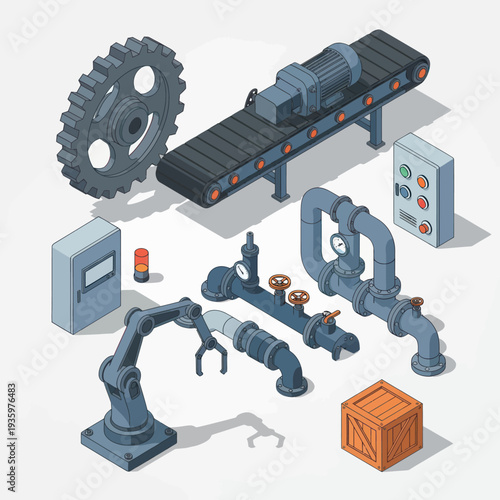 Isometric Industrial Equipment and Machinery Set.