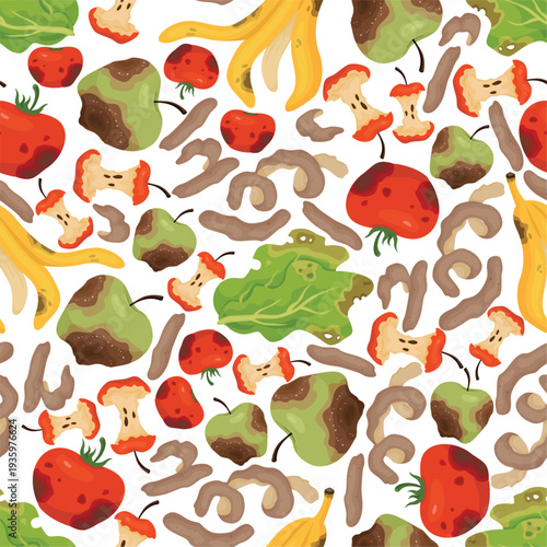 Food scraps seamless pattern. Vegetable and fruit peelings Organic garbage. Repeated print. Spoiled products. Stinking tomato. Filthy lettuce leaves. Moldy potato peels. Vector background