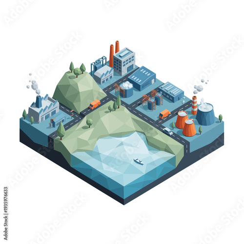 Isometric Industrial Landscape with Factories and Water Pollution.