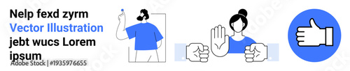 Communication, user interaction, approval, gestures, teamwork, social agreement. Various hand gestures including stop and thumbs-up symbols. Communication and user interaction concepts