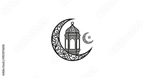 Islamic Crescent Moon with Lantern and Star - Ramadan and Eid Celebration Icon