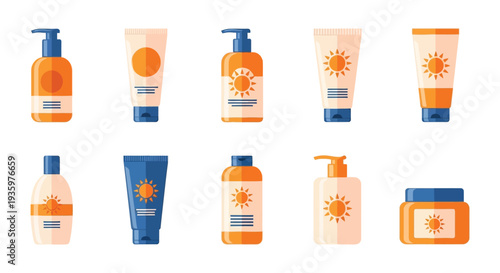 Collection of colorful sun care products including lotion spray and cream tubes in a flat graphic silhouette high quality professional detailed