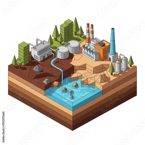 Isometric Industrial Landscape with Factories Power Plant and Water Body.