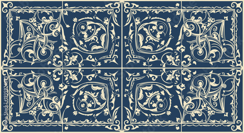 Ornate Blue and Cream Floral Pattern Tile