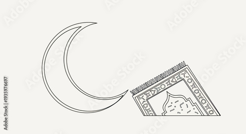 Islamic crescent moon symbol and prayer rug line art illustration