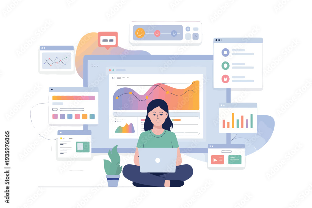 Fototapeta premium Woman analyzing data on laptop surrounded by digital interface elements