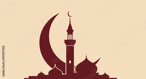 Islamic Crescent Moon and Mosque Silhouette - Religious Symbolism