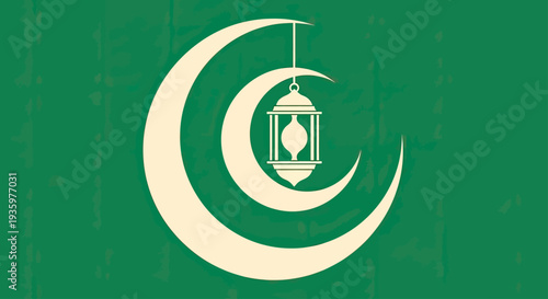 Canvas Print Islamic crescent moon and lantern graphic design on green background