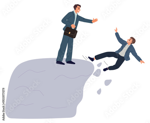 Businessman pushes his colleague off cliff. Dishonest competition. Unfair practices. Fall from mountain. Partnership betrayal. Rivalry and sabotage. Partners conflict. Vector concept