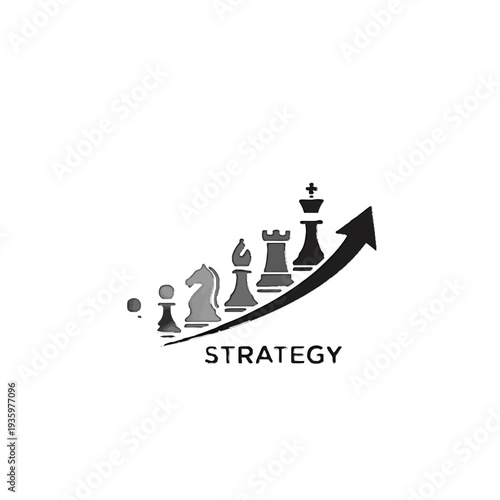 Chess pieces arranged in ascending order with an upward arrow symbolizing strategic growth and progression.
