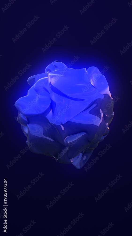 Fototapeta premium Glowing blue organic abstract 3D shape floating in dark space with illuminated surface reflections