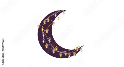 Crescent moon with decorative fairy lights, magical night glowing illumination