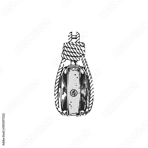 Detailed black and white illustration of a pulley system with rope.
