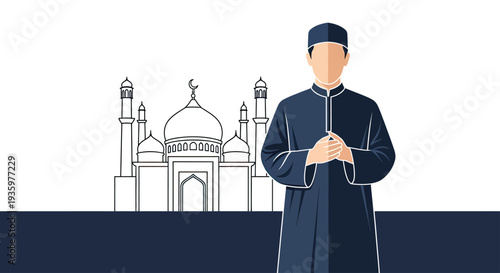 Muslim Man in Traditional Clothing Standing Before a Mosque Illustration
