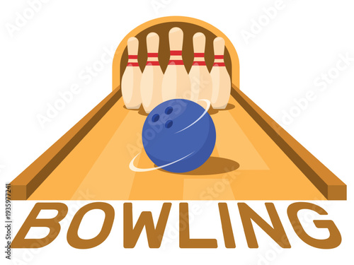 Bowling game. Ball rolling into row of standing pins. Fast spinning sphere. Skittles strike. Sport competition. Shot tournament. Competitive hobby. Challenge target. Club vector design
