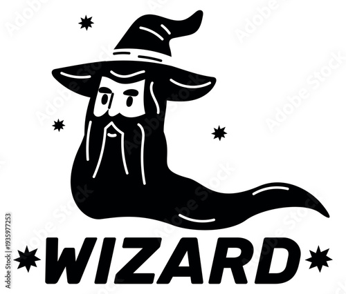 Black icon of magical sorcerer. Symbol of Merlin wizard. Magician silhouette portrait. Senior fantasy character with beard and hat. Witchcraft and magic. Vector elderly fairy man face