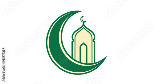 Islamic crescent moon and mosque silhouette, green and cream colors, symbol of Islam