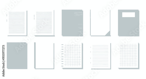 An arrangement of eight blank notebooks with varying cover styles and page types presented as a flat lay silhouette high quality