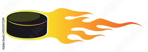 Black hockey puck flies through tongues of flame. Sport playing ball in fire. Blazing disc. Fiery tournament. Speed shot. Game competition. Ignition heat. Burning hit. Vector color symbol