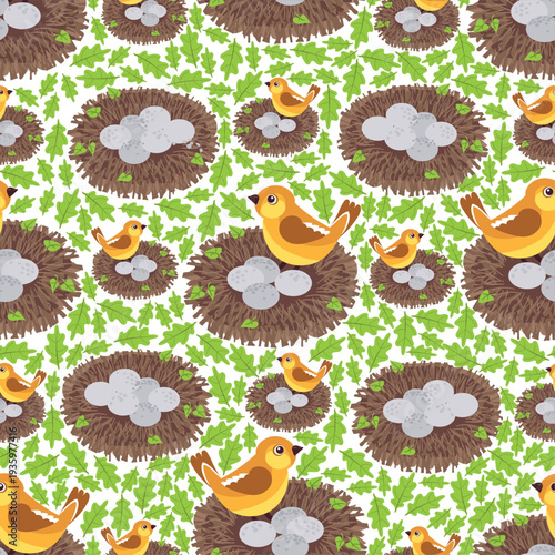Bird nests made of twigs with eggs and birds sitting on them seamless pattern. Chick nesting. Repeated print. Wild birdie. Nightingale or sparrow. Forest flying animal. Vector background