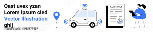 Autonomous vehicles, smart cities, GPS technology, digital transactions, smart contracts, urban mobility. A self-driving car with GPS, contract and user interaction. Autonomous vehicles and smart