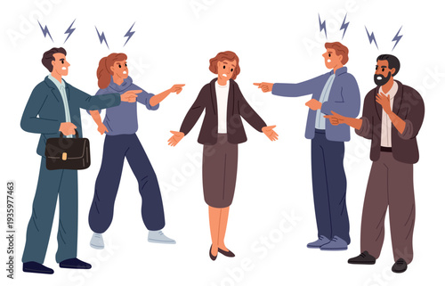 Angry businessmen point fingers at their colleague. Social bulling. Conflict in workplace. Negative feedback. Pressure and blame to outcast. Unhappy victim of shame. Vector concept