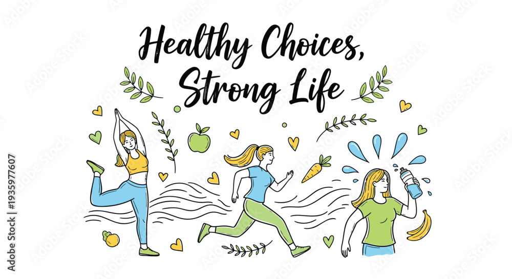 Obraz premium Vector illustration of three women exercising and healthy eating