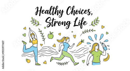Vector illustration of three women exercising and healthy eating