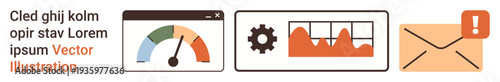 Data monitoring, user interface design, digital communication, email alerts, productivity tools, web analytics. Gauge meter, chart with gear and envelope with alert notification. Data monitoring