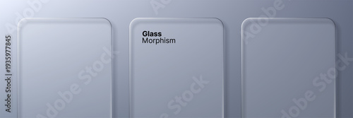 Three glass morphism panels on gray background. Translucent liquid glass user interface elements for web design. Modern UI abstract data display.