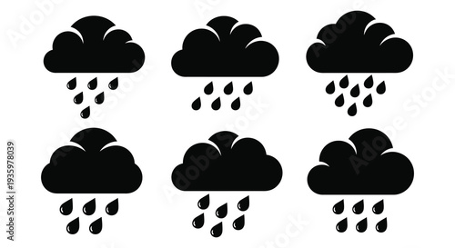 A collection of dark stylized cloud shapes with falling raindrops depicted in a striking silhouette high quality professional detailed modern elegant