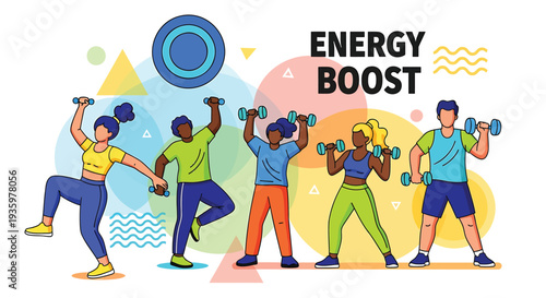 Vector illustration of 5 people exercising with dumbbells