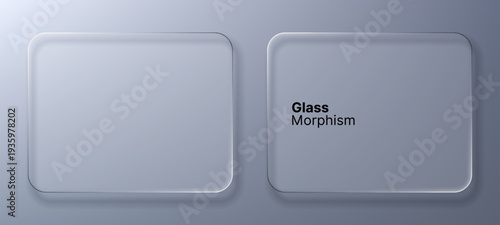 Two glass morphism rectangular panels on gray background. Translucent liquid glass user interface for design element. Modern user experience.